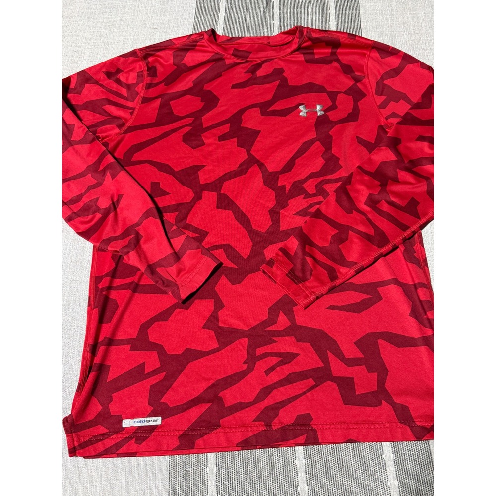 Under Armour ColdGear Mens Medium Red Camo Fitted Long Sleeve‎ Athletic Shirt